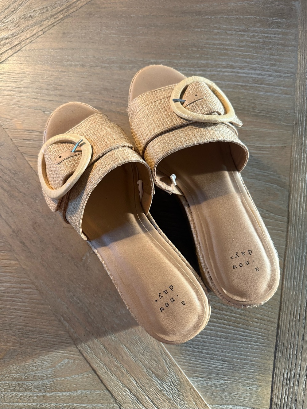 A New Day Neutral Tan Slide Sandals with Woven Strap and Round Buckle